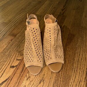 14th & Union Tan Suede Laser-Cut Peep-Toe Slingback Mules